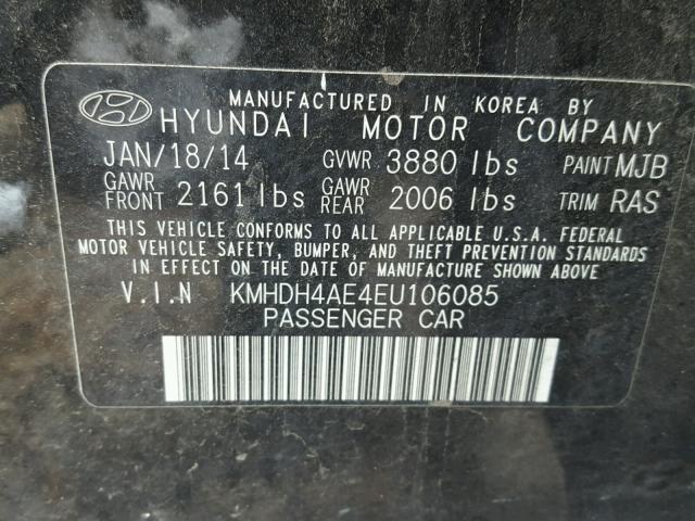 KMHDH4AE4EU106085 - 2014 HYUNDAI ELANTRA SE BLACK photo 10