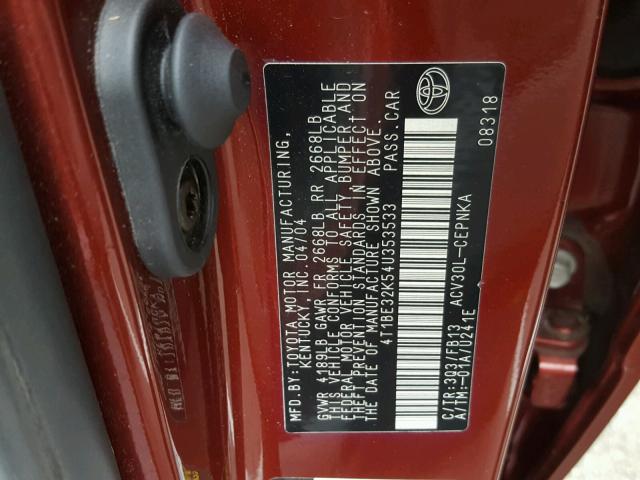 4T1BE32K54U353533 - 2004 TOYOTA CAMRY LE RED photo 10