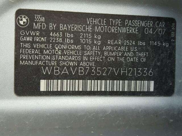 WBAVB73527VH21336 - 2007 BMW 335 I SILVER photo 10