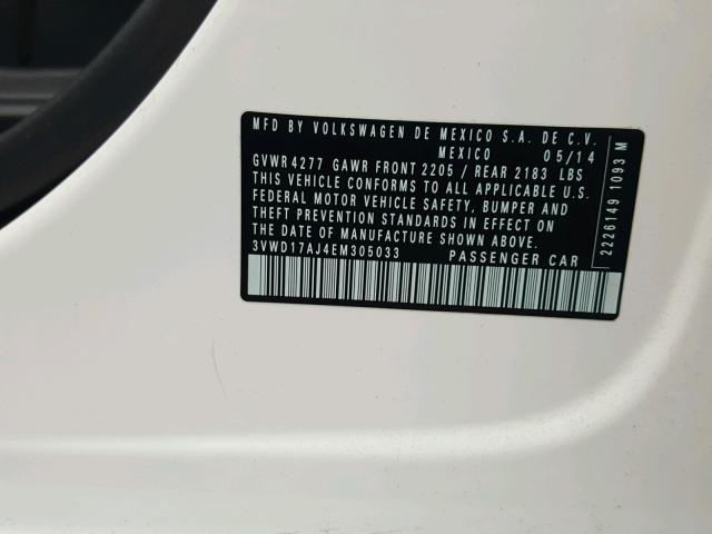 3VWD17AJ4EM305033 - 2014 VOLKSWAGEN JETTA SE 白色 照片 10