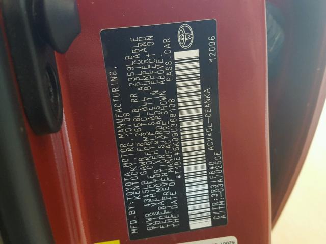 4T1BE46K09U368108 - 2009 TOYOTA CAMRY BASE RED photo 10