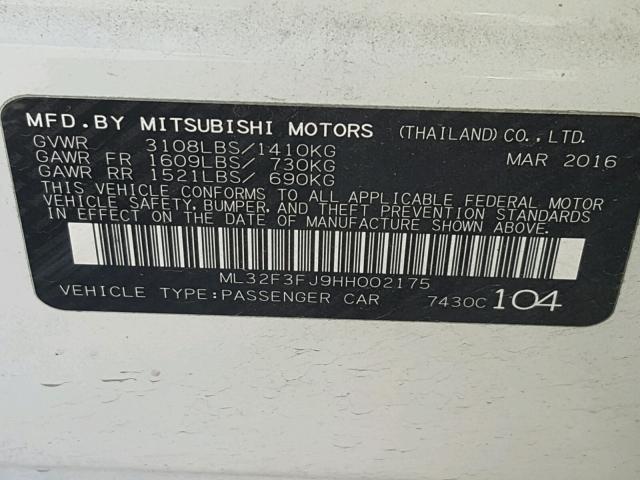 ML32F3FJ9HH002175 - 2017 MITSUBISHI MIRAGE G4 WHITE photo 10