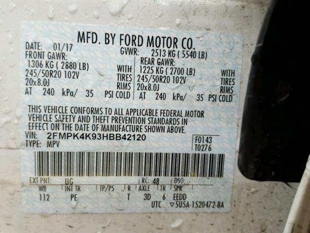 2FMPK4K93HBB42120 - 2017 FORD EDGE Білий фото 10