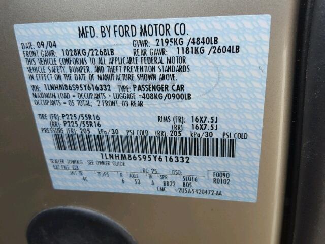 1LNHM86S95Y616332 - 2005 LINCOLN LS 金色 照片 10