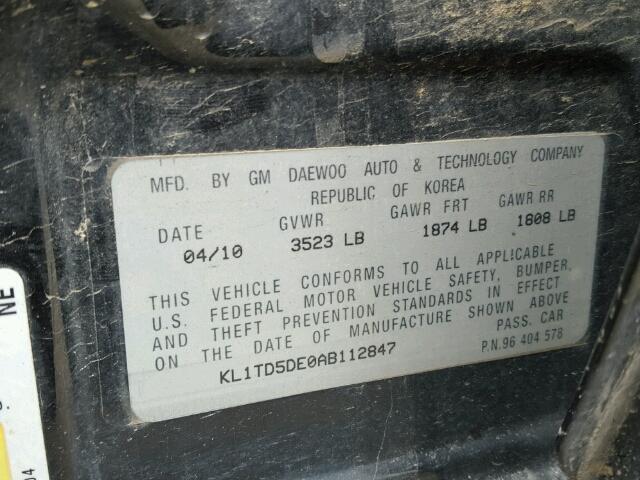 KL1TD5DE0AB112847 - 2010 CHEVROLET AVEO LS BLACK photo 10