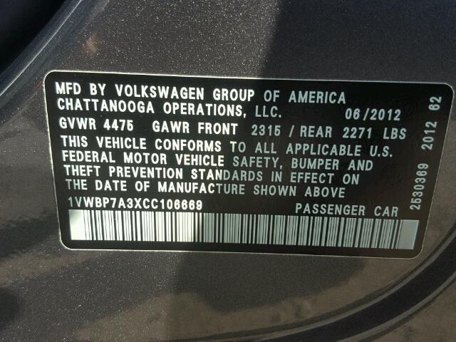 1VWBP7A3XCC106669 - 2012 VOLKSWAGEN PASSAT SE SILVER photo 10