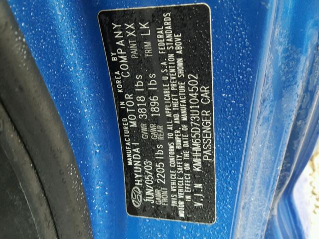 KMHHM65D73U104502 - 2003 HYUNDAI TIBURON BLUE photo 10