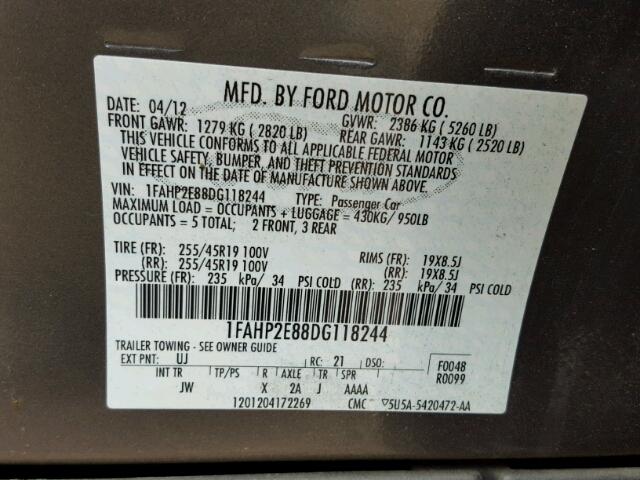 1FAHP2E88DG118244 - 2013 FORD TAURUS SEL GRAY photo 10