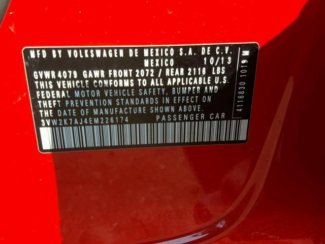 3VW2K7AJ4EM226174 - 2014 VOLKSWAGEN JETTA BASE RED photo 10