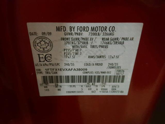 1FTFX1EVXAFA38009 - 2010 FORD F150 SUPER RED photo 10