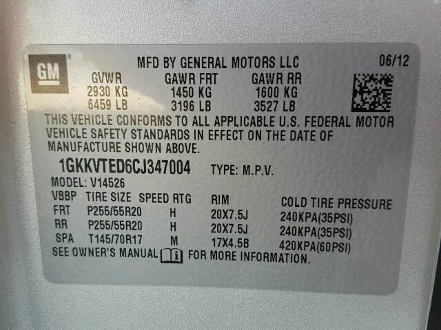 1GKKVTED6CJ347004 - 2012 GMC ACADIA DEN SILVER photo 10