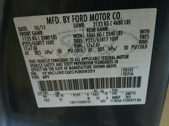 1FMCU9EG2CKB09351 - 2012 FORD ESCAPE LIM BLUE photo 10