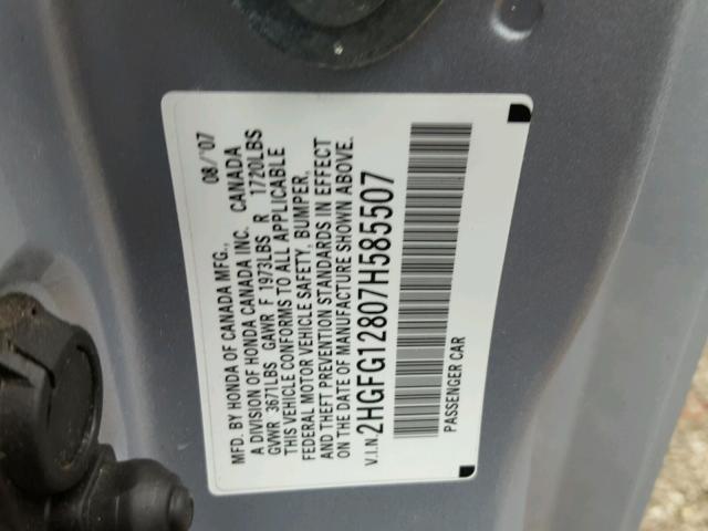 2HGFG12807H585507 - 2007 HONDA CIVIC SILVER photo 10