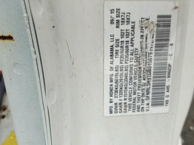 5FNRL5H91GB015679 - 2016 HONDA ODYSSEY WHITE photo 10