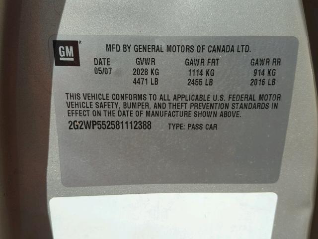 2G2WP552581112388 - 2008 PONTIAC GRAND PRIX GOLD photo 10