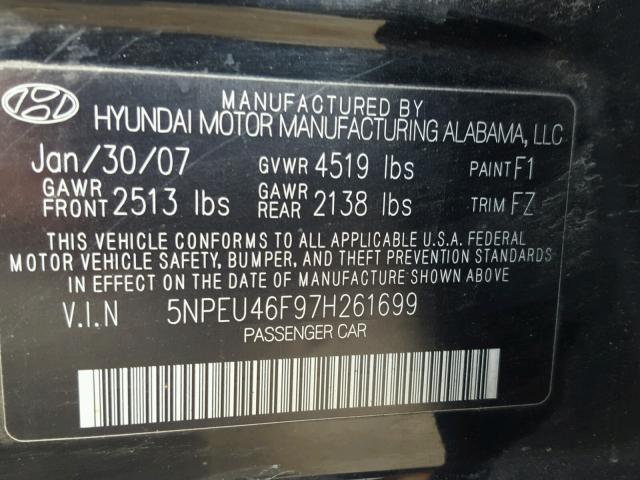 5NPEU46F97H261699 - 2007 HYUNDAI SONATA BLACK photo 10