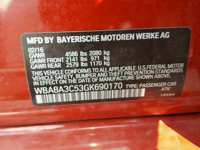 WBA8A3C53GK690170 - 2016 BMW 320 XI RED photo 10