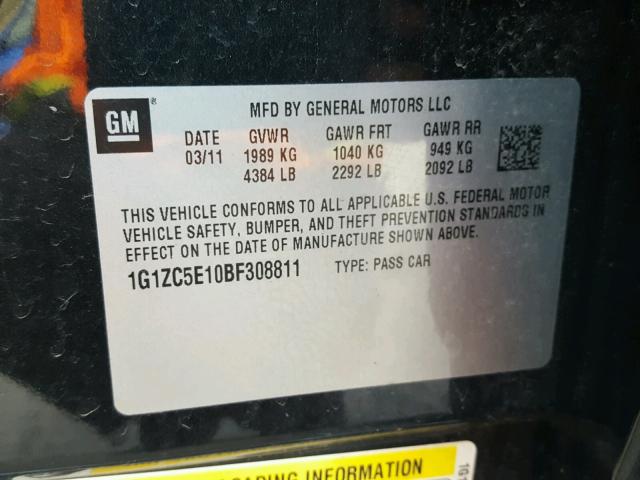 1G1ZC5E10BF308811 - 2011 CHEVROLET MALIBU 1LT BLACK photo 10