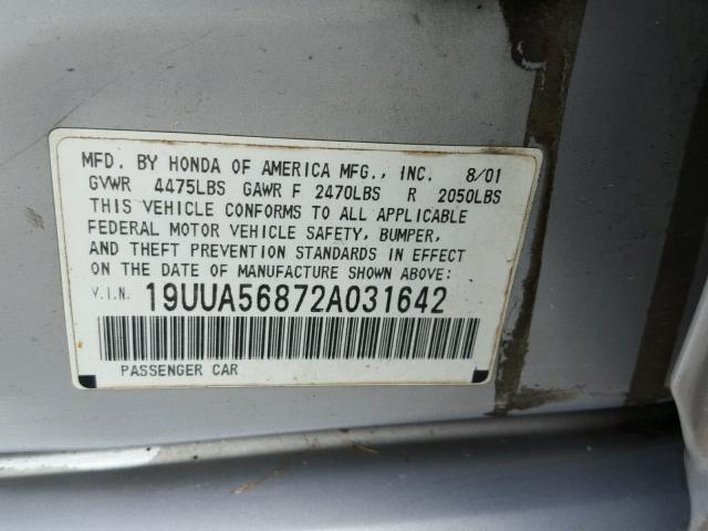 19UUA56872A031642 - 2002 ACURA 3.2TL GRAY photo 10