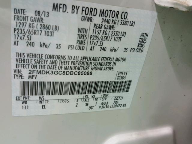 2FMDK3GC8DBC85088 - 2013 FORD EDGE WHITE photo 10