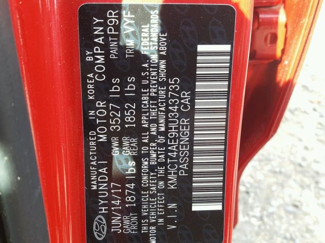 KMHCT4AE9HU343735 - 2017 HYUNDAI ACCENT SE RED photo 10