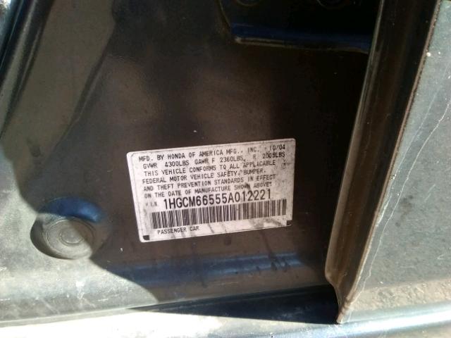 1HGCM66555A012221 - 2005 HONDA ACCORD EX GRAY photo 10