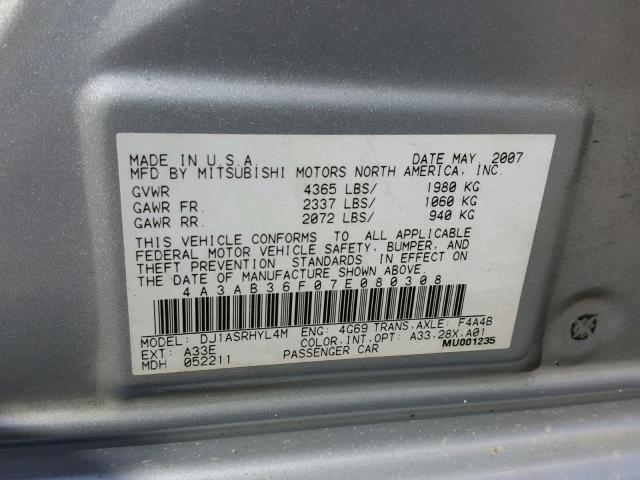 4A3AB36F07E080308 - 2007 MITSUBISHI GALANT ES SILVER photo 10