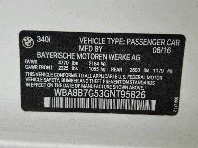 WBA8B7G53GNT95826 - 2016 BMW 340 XI WHITE photo 10