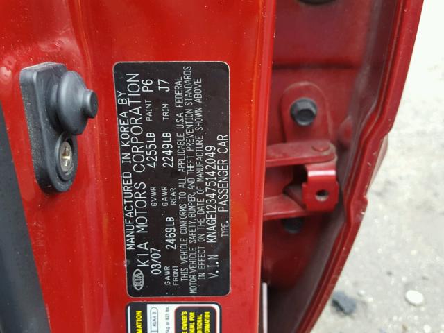 KNAGE123475142049 - 2007 KIA OPTIMA LX RED photo 10