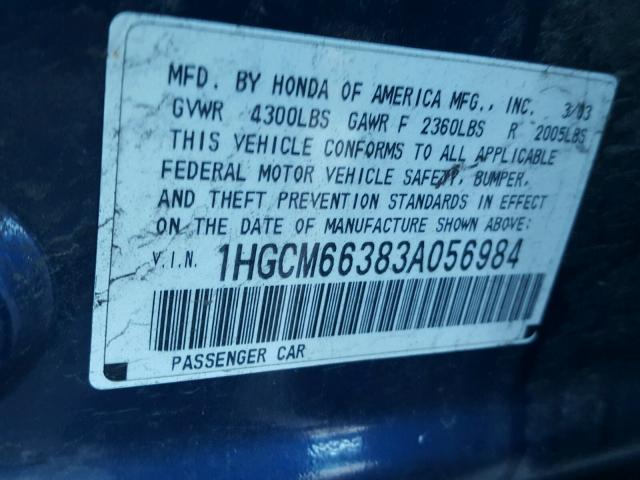 1HGCM66383A056984 - 2003 HONDA ACCORD BLUE photo 10