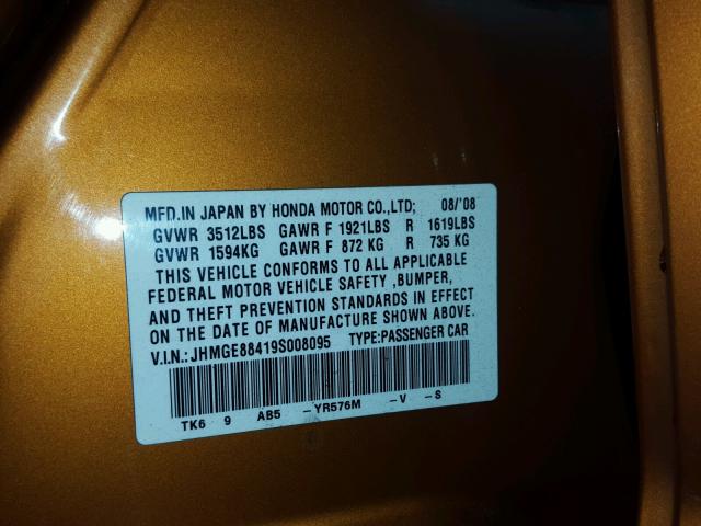 JHMGE88419S008095 - 2009 HONDA FIT SPORT ORANGE photo 10