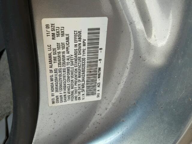 5FNRL3H42AB028330 - 2010 HONDA ODYSSEY EX GRAY photo 10