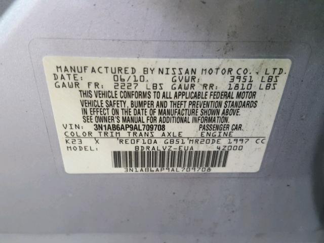 3N1AB6AP9AL709708 - 2010 NISSAN SENTRA 2.0 SILVER photo 10