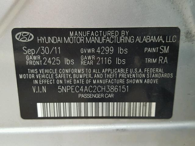 5NPEC4AC2CH386151 - 2012 HYUNDAI SONATA SE SILVER photo 10