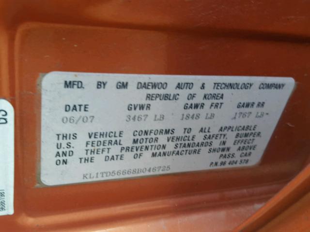 KL1TD56668B046725 - 2008 CHEVROLET AVEO ORANGE photo 10