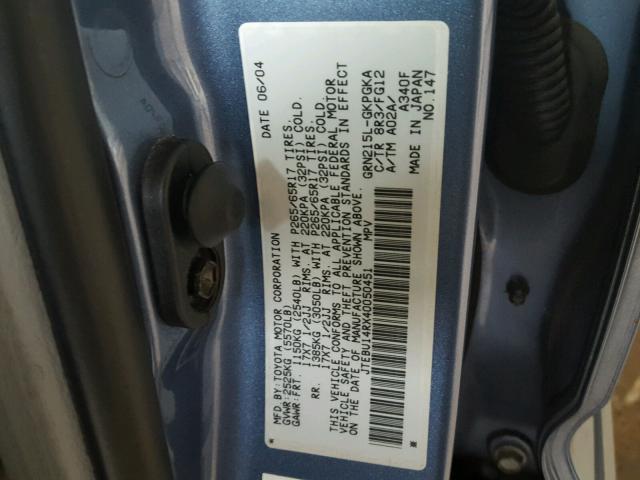 JTEBU14RX40050451 - 2004 TOYOTA 4RUNNER BLUE photo 10