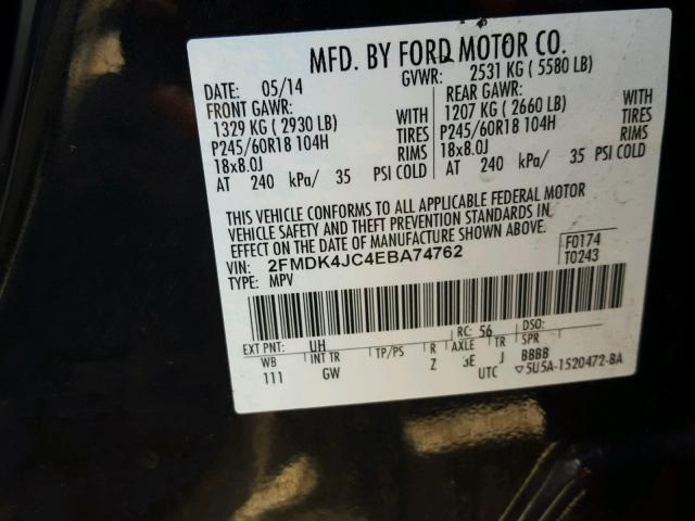 2FMDK4JC4EBA74762 - 2014 FORD EDGE BLACK photo 10