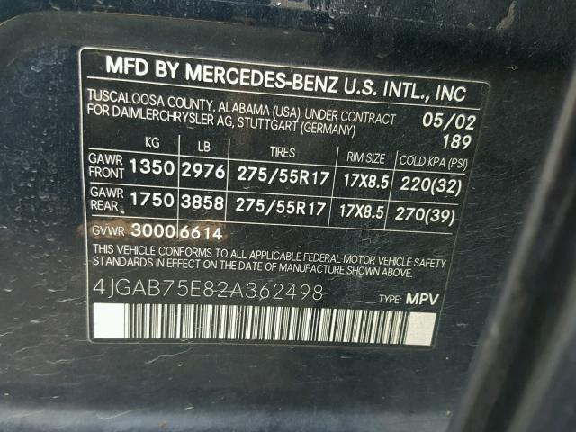 4JGAB75E82A362498 - 2002 MERCEDES-BENZ ML 500 BLUE photo 10