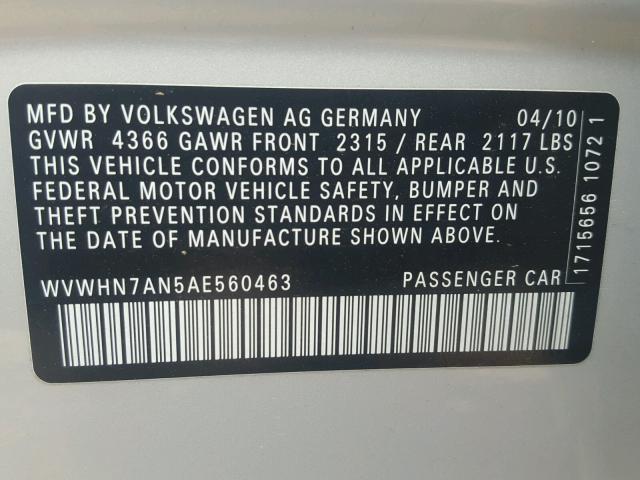 WVWHN7AN5AE560463 - 2010 VOLKSWAGEN CC LUXURY SILVER photo 10