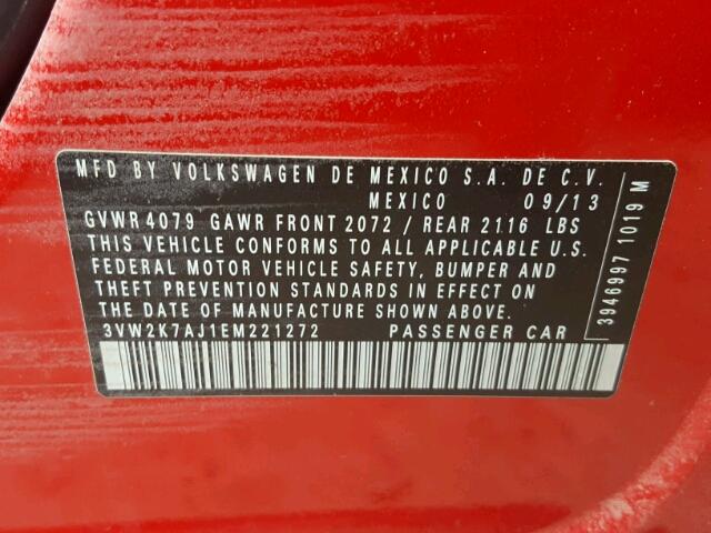 3VW2K7AJ1EM221272 - 2014 VOLKSWAGEN JETTA BASE RED photo 10