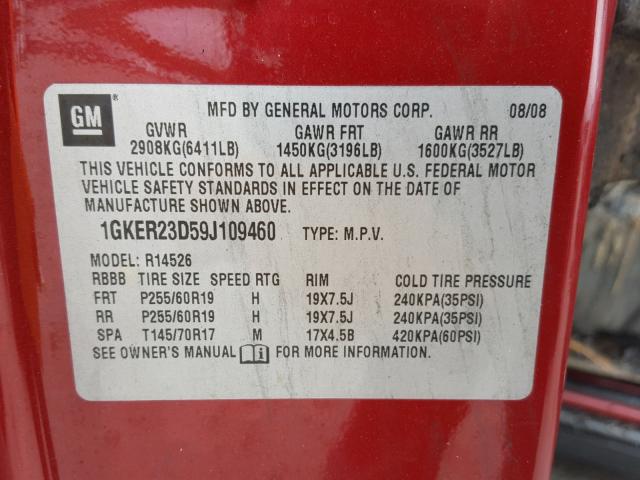 1GKER23D59J109460 - 2009 GMC ACADIA SLT 勃艮第红 照片 10