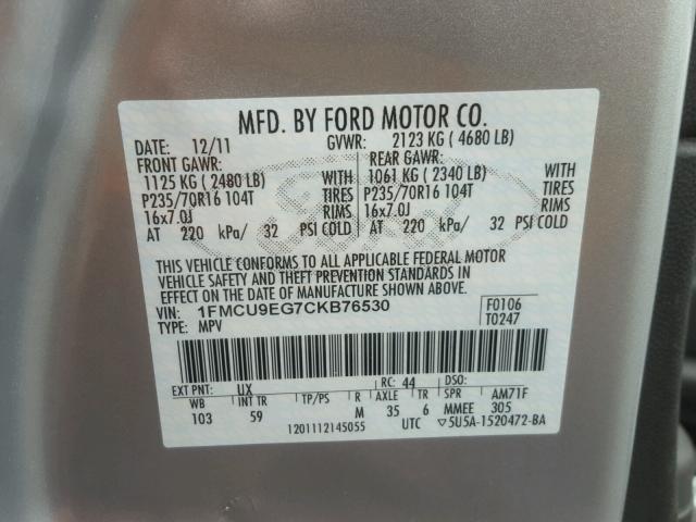 1FMCU9EG7CKB76530 - 2012 FORD ESCAPE LIM SILVER photo 10