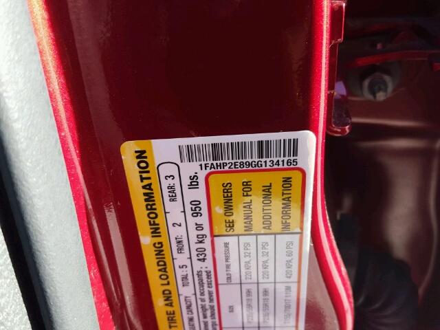 1FAHP2E89GG134165 - 2016 FORD TAURUS SEL RED photo 10