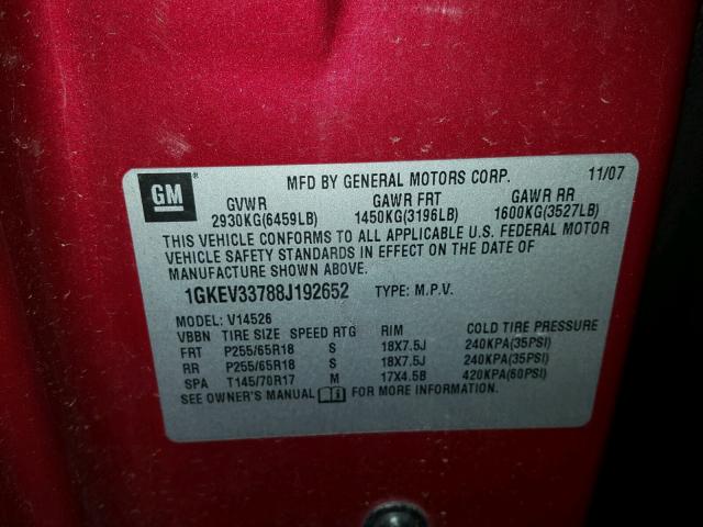 1GKEV33788J192652 - 2008 GMC ACADIA SLT წითელი ფოტო 10