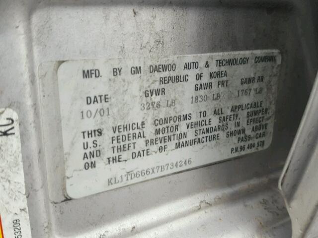 KL1TD666X7B734246 - 2007 CHEVROLET AVEO BASE Gümüş foto 10