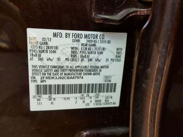 2FMDK3J92CBA87974 - 2012 FORD EDGE MAROON photo 10