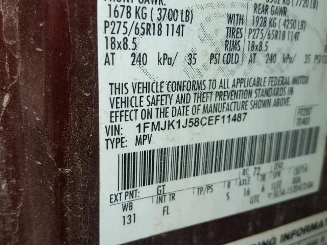 1FMJK1J58CEF11487 - 2012 FORD EXPEDITION BURGUNDY photo 10