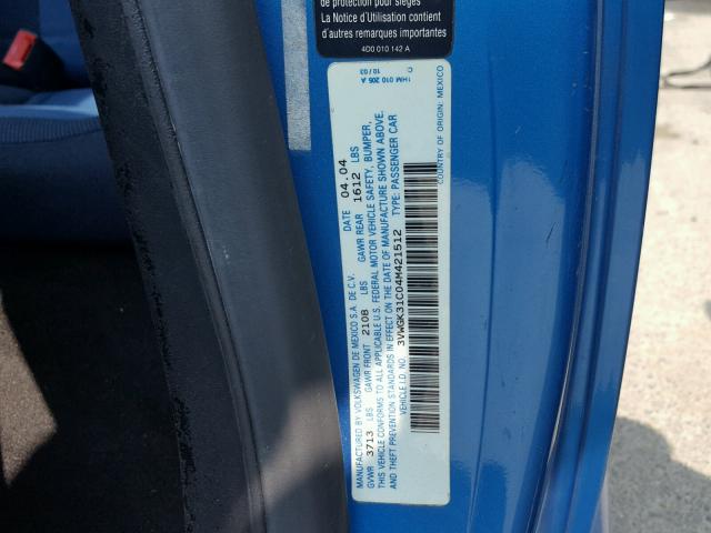 3VWGK31C04M421512 - 2004 VOLKSWAGEN NEW BEETLE ლურჯი ფოტო 10