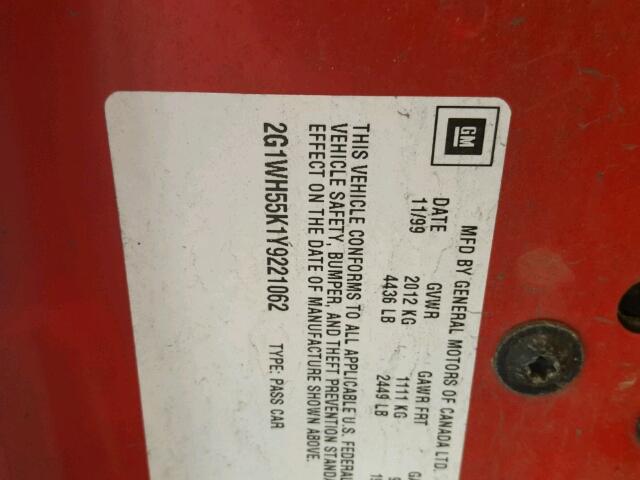 2G1WH55K1Y9221062 - 2000 CHEVROLET IMPALA LS RED photo 10