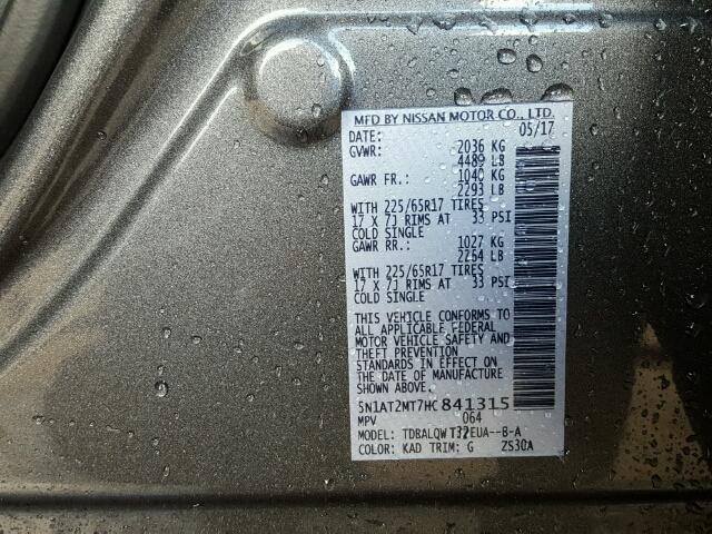 5N1AT2MT7HC841315 - 2017 NISSAN ROGUE S GRAY photo 10